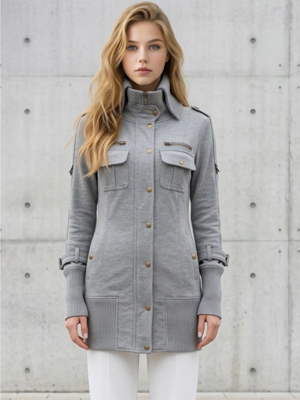 Light Gray Women's Utility Jacket with Stand Collar R1
